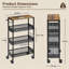 Vintage Brown Wood & Metal Kitchen Trolley, 4-Tier Lockable Rolling Storage Unit with Side Handle & Hanging Hooks, Freestanding Kitchen Island Trolley for Kitchen, Bathroom, Studio & Living Room