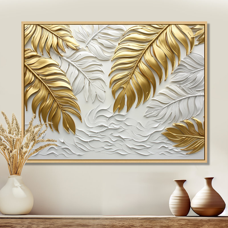 «Clota Golden Cream Plams Reunion II» - art mural palmiers et palmiers, H 34 po x l 44 po, Impression encadrée flottante