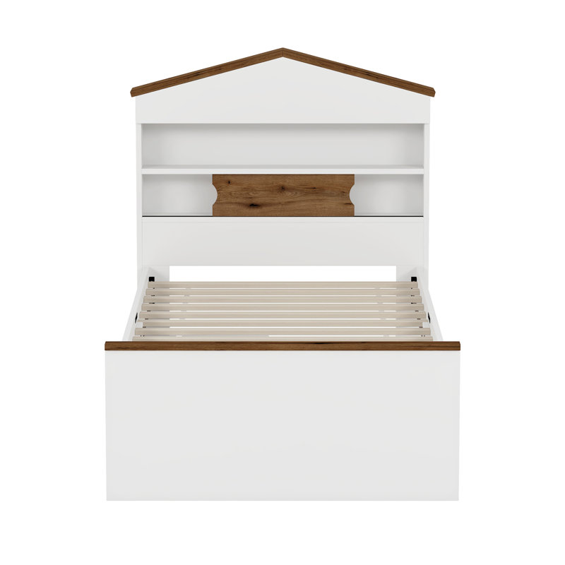 Twin Size House-Shaped Wooden Bed With Storage Shelf On The Headboard, Built-In Two Storage Drawers, Brown/White