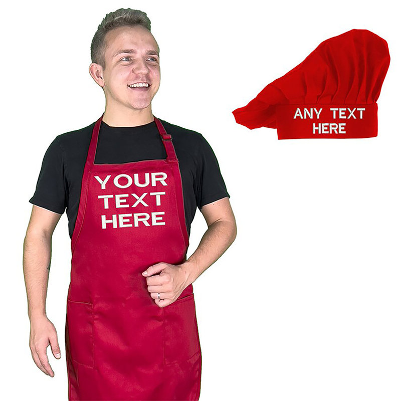 Tablier personnalisé avec ensemble de chapeaux brodés pour le chef, tabliers pour femmes et hommes, Rouge, Oui