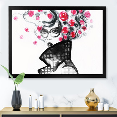 Portrait d'une femme élégante en noir, blanc et rose - Art mural sur toile glam