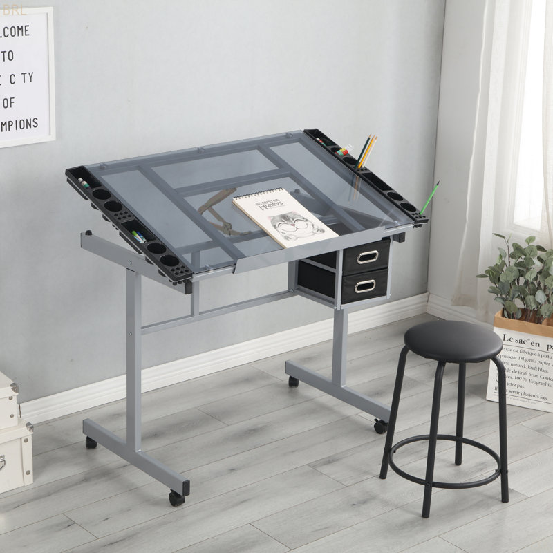 Bureau de dessin réglable réglable avec 2 tiroirs coulissants en tissu non tissé et 4 roulettes