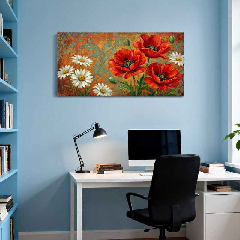 Plantes et fleurs - motif floral coquelicot et marguerite, H 28 po x l 58 po