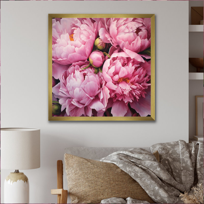 Pivoine rose verte captivante II - art floral sur toile, H 30 po x l 30 po x P 1 po, Cadre photo doré simple