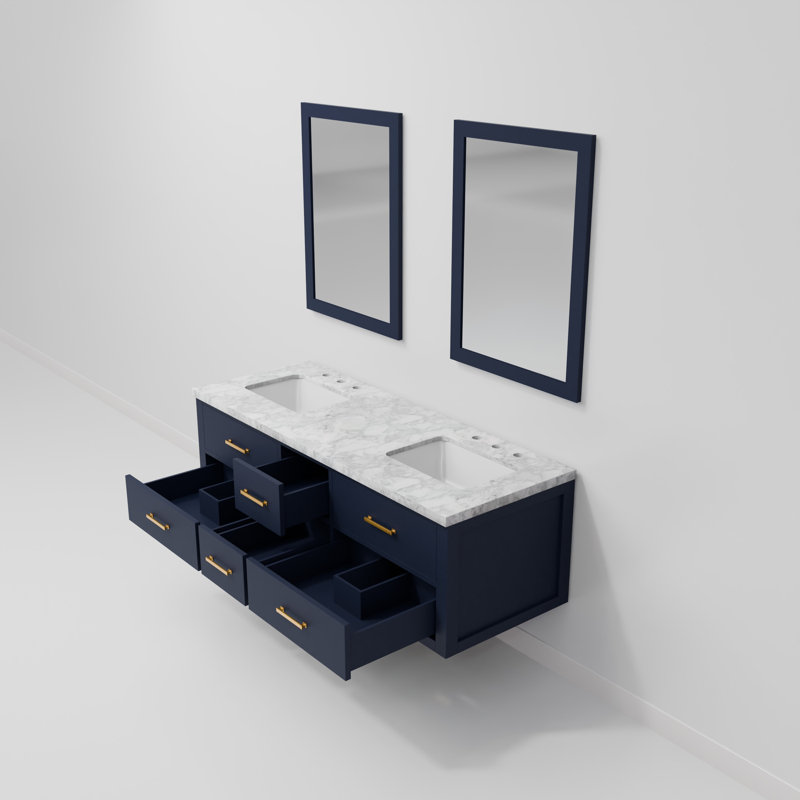 Ensemble de meuble-lavabo double mural 60 "avec miroir Castor, Bleu, Marbre de Carrare blanc