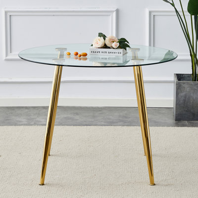 40 - Inch Round Clear Glass Dining Table With Golden Metal Legs, Modern Style, Suitable For Living Room And Small Spaces Transparent Areas