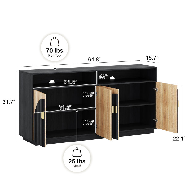 65 Inch Fluted TV Stand, Mid Century Modern Entertainment Center with Storage Cabinets & Open Shelves, Media Console TV Cabinet