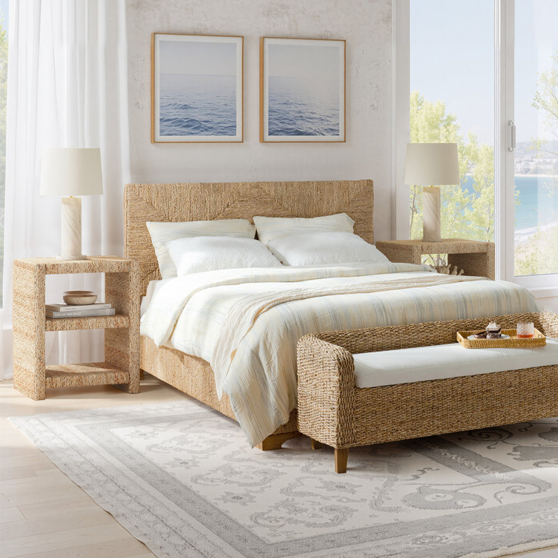 Ensemble de chambre à coucher en osier 3 pièces avec table de chevet et lit Cleonia, Grand