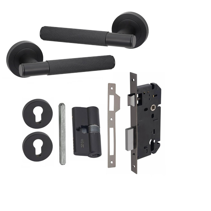  1 Pair Modern Knurled T-Bar Euro Lock Door Handles in Matt Black Finish with 70mm Key and Barrell