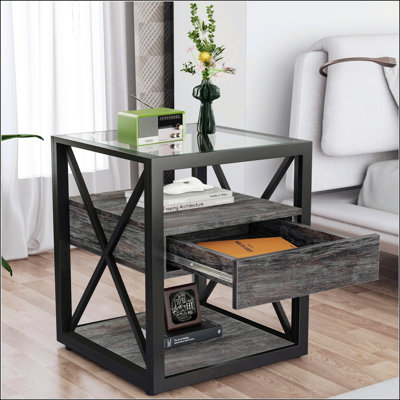 Set Of 2 Modern End Tables With Drawer - Nightstands For Bedroom & Living Room, Natural Wood MDF & Tempered Glass Top, Industrial Style