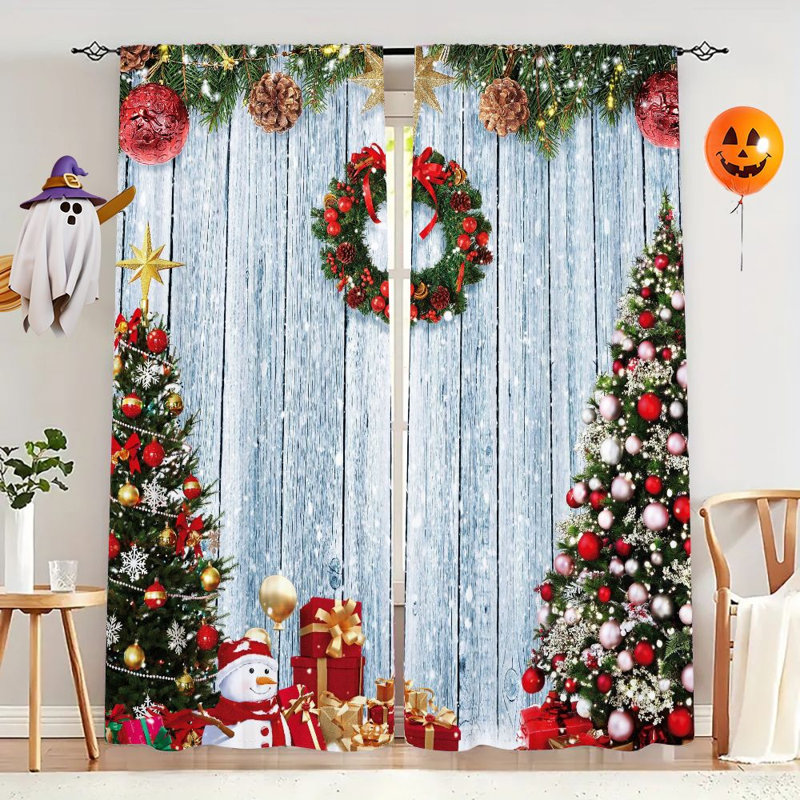 2Pcs Christmas Window Curtains Festive Holiday Decor Rod Pocket Design - Rustic Wood Background with Trees Wreath Snowman Gifts Light Filtering Polyester Panels for Living Room Bedroom Office Home Winter Decoration