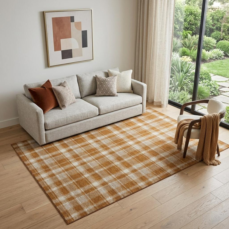 Tapis lavable écossais rouille et ivoire 5 pi x 8 pi avec protection UV