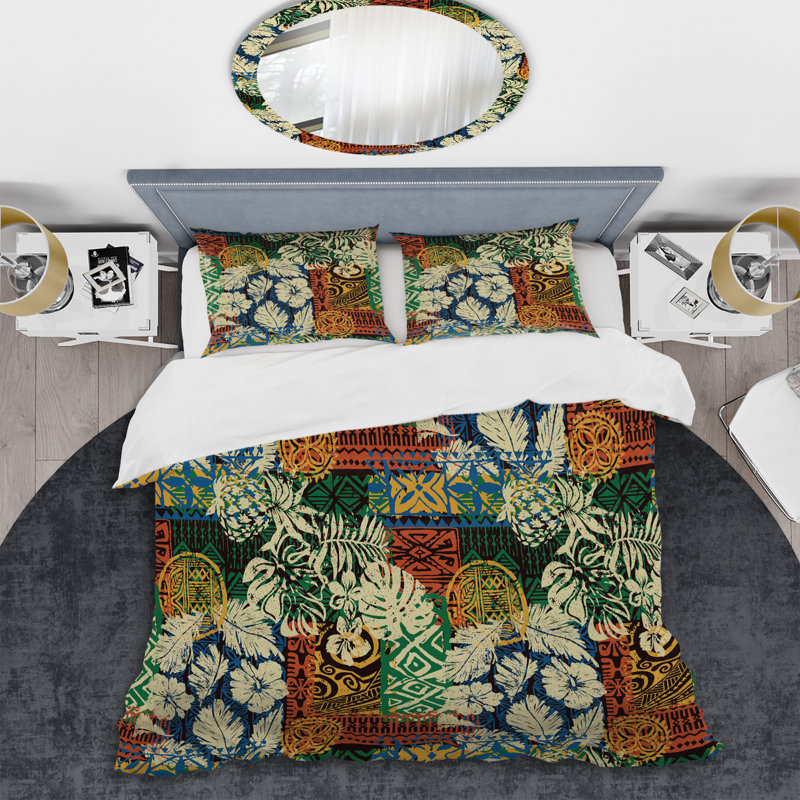 Ensemble de housse de couette à motif crème Tribal Patchwork, Housse de couette simple + 1 taie décorative stan
