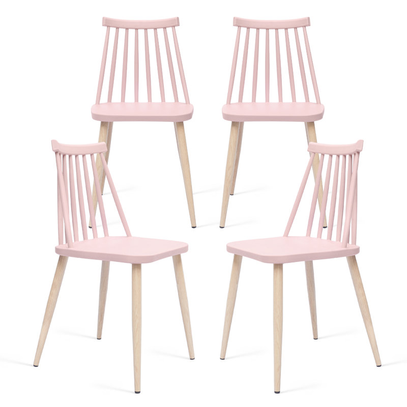 Troy Contemporary Windsor Design Plastic Dining Chair, Living Room Chair, Patio Chair, Armless Chair with Wood Texture, for Home, Office, Kitchen, Dining Room (Set of 4)