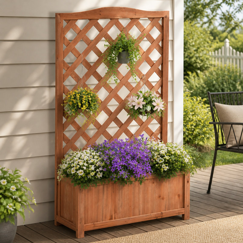Boîte à fleurs surélevée en bois avec jardin et treillis pour cultiver des herbes et des fleurs à l'extérieur