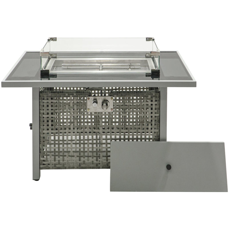Foyer de table rectangulaire au propane à tissage ouvert de 43 po, gris, 60000, avec pierres de verre bleues, pare-vent trempé et rangement de 20 lb pour les réceptions en plein air Gaz 43 po, couleur, amovible - couvercle rouille