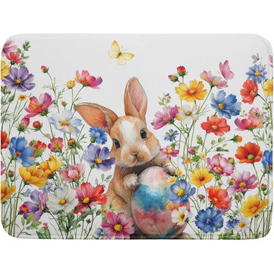Easter Bunnies Eggs Dish Drying Mat for Kitchen Counter,Spring Colorful Flowers Drying Mat 24 x 35 Inch with Flannel High Absorbent Microfiber Drainer Mat for Coffee Bar