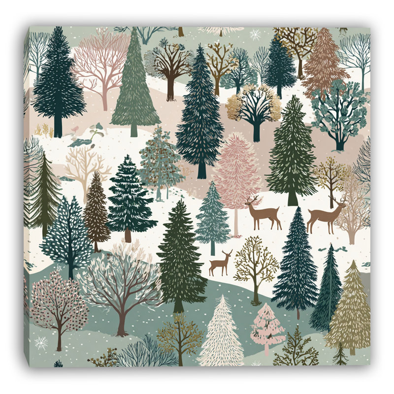 «Snowy Hillside Deer Forest», art mural sur toile tendue, H 12 po x l 12 po