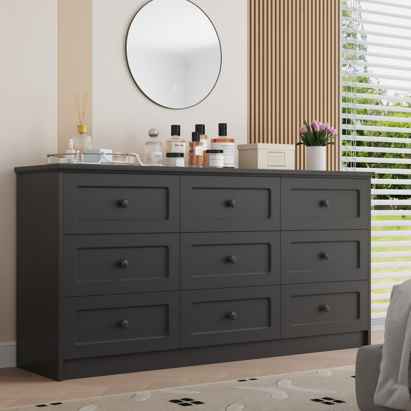 Commode 9 tiroirs, commode longue de 63 po de largeur avec 9 tiroirs, Noir