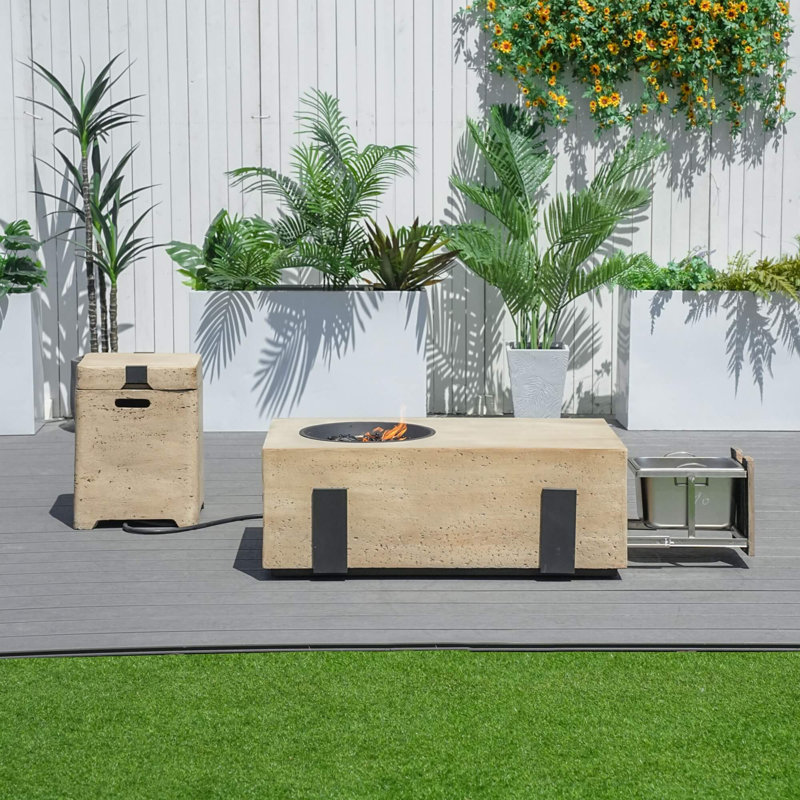 Ensemble de table de foyer avec seau à glace en acier inoxydable et table d'appoint à réservoir de gaz, Brun