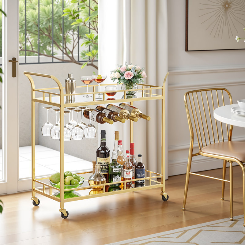 34.3'' W Bar Cart  Kitchen Serving Cart With Multi-Level Storage Drinks Trolley, Home Bar Serving Cart, Wine Cart, Gold