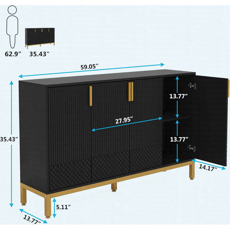 Buffet 59,74 "noir et doré avec portes géométriques, armoire de rangement de luxe, Noir