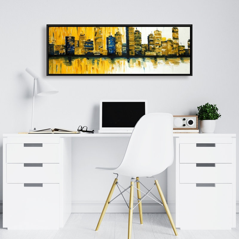 Toile de gratte-ciels abstraits jaunes - cadre bleu | Décor moderne