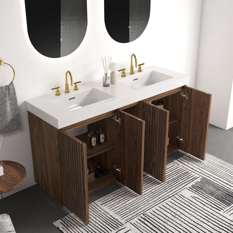 Meuble-lavabo avec lavabo et grand rangement 60F, Walnut Brown