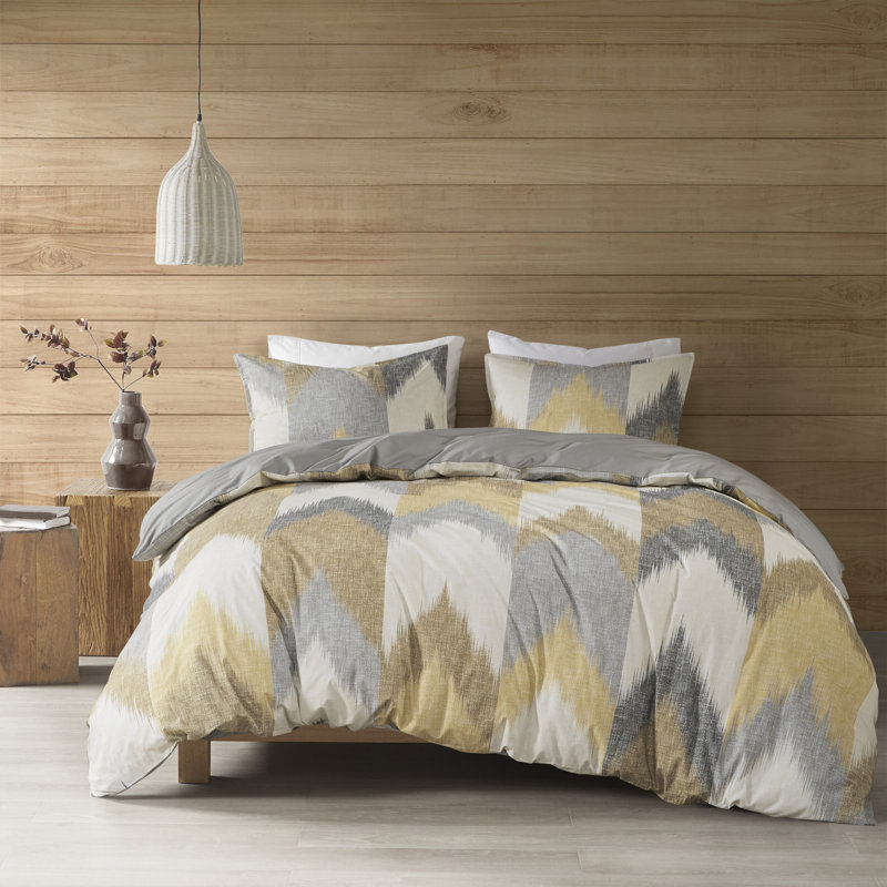 Ensemble de housse de couette en coton imprimé Alpine, Jaune, Housse de couette double / grand + 2 taies décora