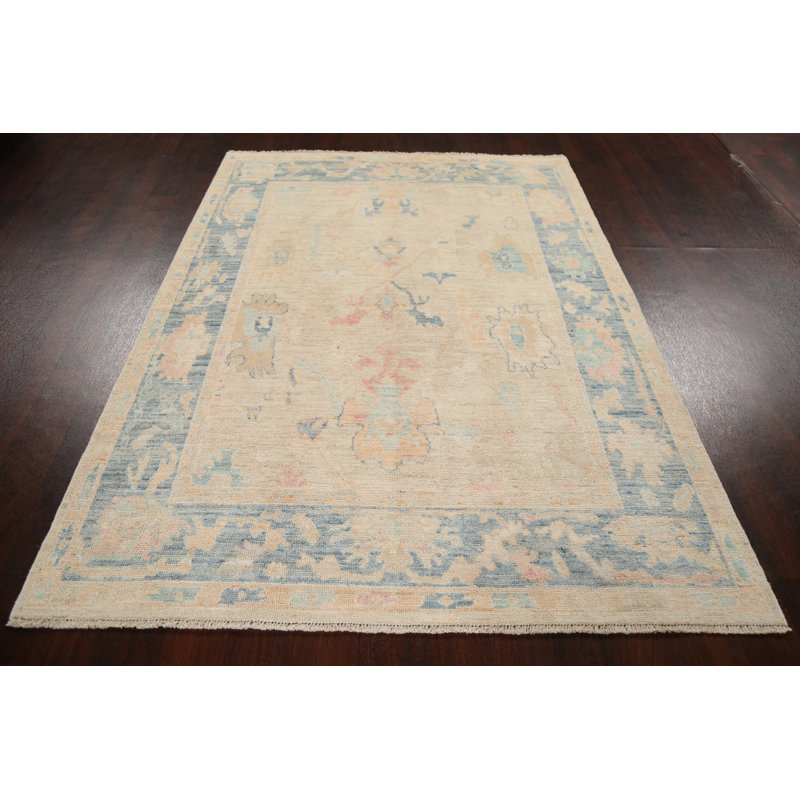 Tapis unique en laine noué à la main Oushak nouvel âge de 5 pi x 6 pi 10 po beige Awen