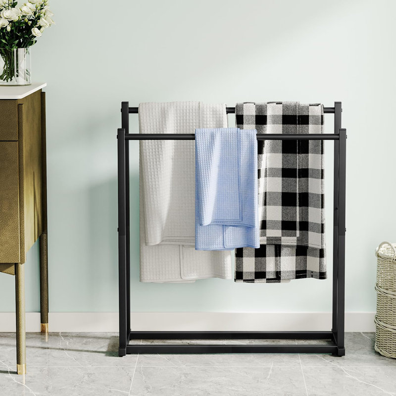 Porte-serviettes pour la salle de bain, séchoir à serviettes plus large à 2 niveaux pour l'extérieur, porte-serviettes sur pied, porte-serviettes de piscine et présentoir pour serviettes de bain surdimensionnées, noir
