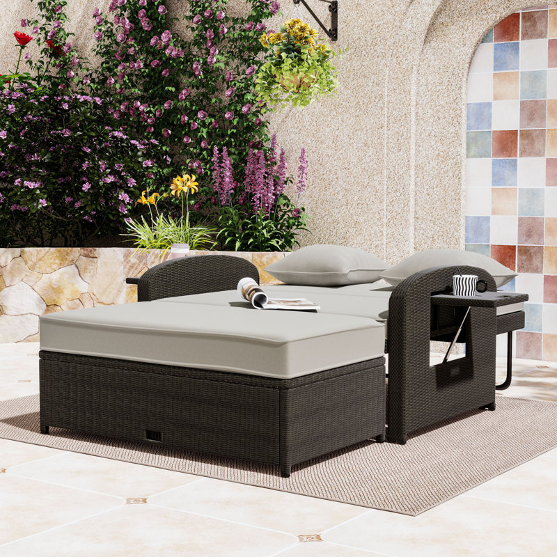 Chaise longue d'extérieur en rotin double avec coussins et dossier réglable, Gris, Gris