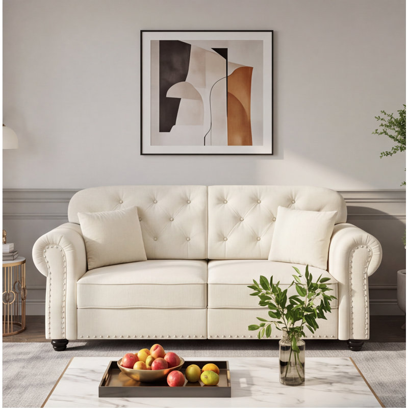 Canapé Chesterfield moderne en velours de style Mid-Century, 160 cm, avec garniture cloutée, accoudoirs arrondis et capitonnage à boutons, beige/blanc, comprend 2 coussins.