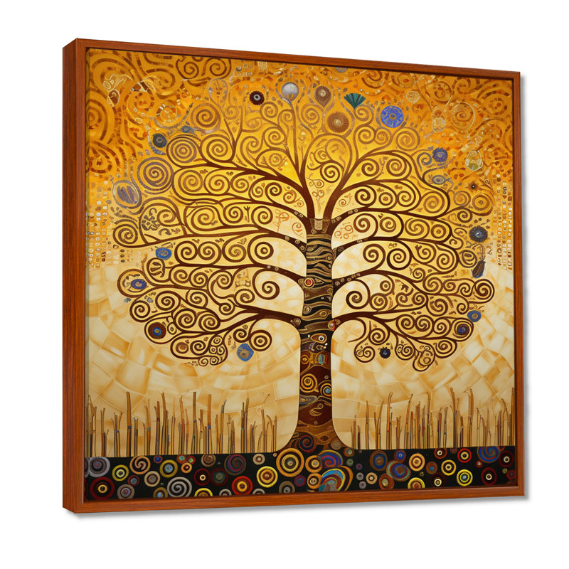 Art nouveau, arbre en spirale jaune - art mural arbre, H 16 po x l 16 po, Cadre flottant brun, bois massif