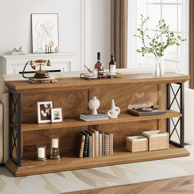 63"  Oak Console Table, 3-Tier Industrial Entryway Table with Storage Shelves, X-Frame Metal Support, Sofa Table for Living Room, Hallway and Foyer