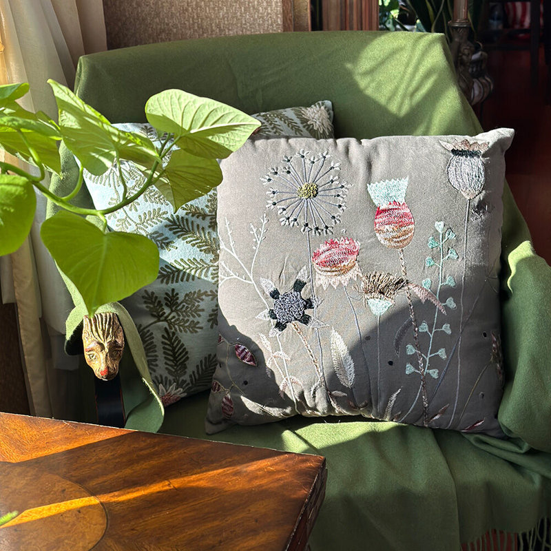 Gray and Green Cotton Embroidered Square Pillow 18x18"