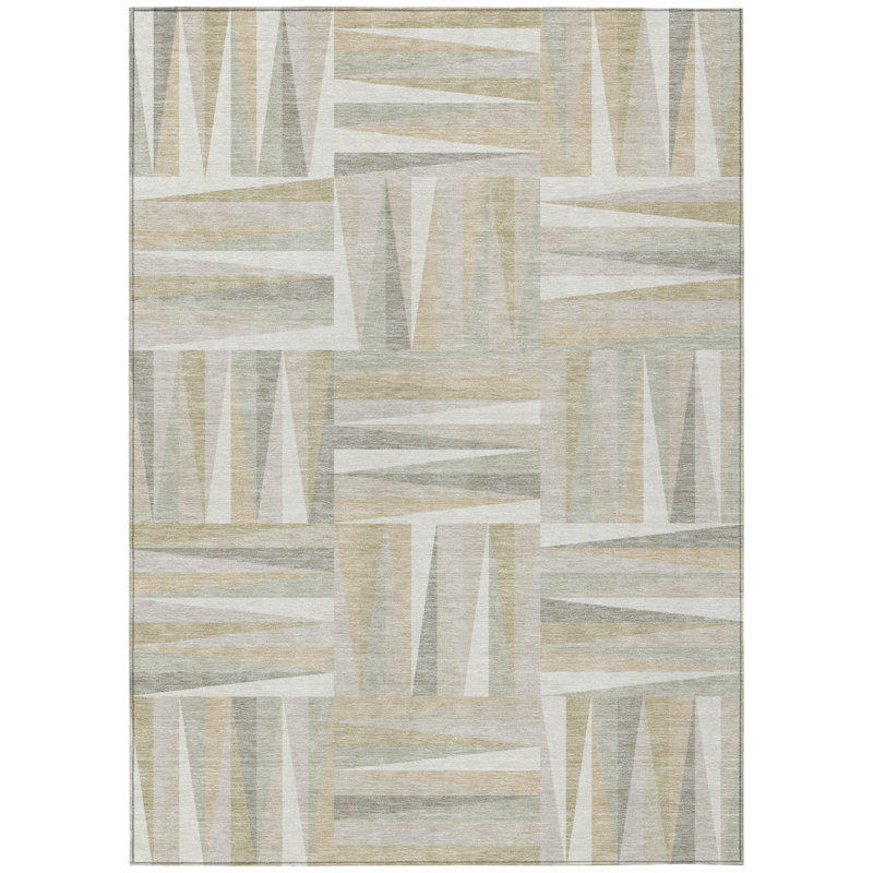 3' X 5' Ivory Beige Geometric Washable Indoor Outdoor Area Rug