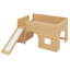 Lit mezzanine bas avec glissade et tablettes, cadre de lit mezzanine en bois à fonctions multiples avec tablettes de rangement, portes et fenêtres-528390181