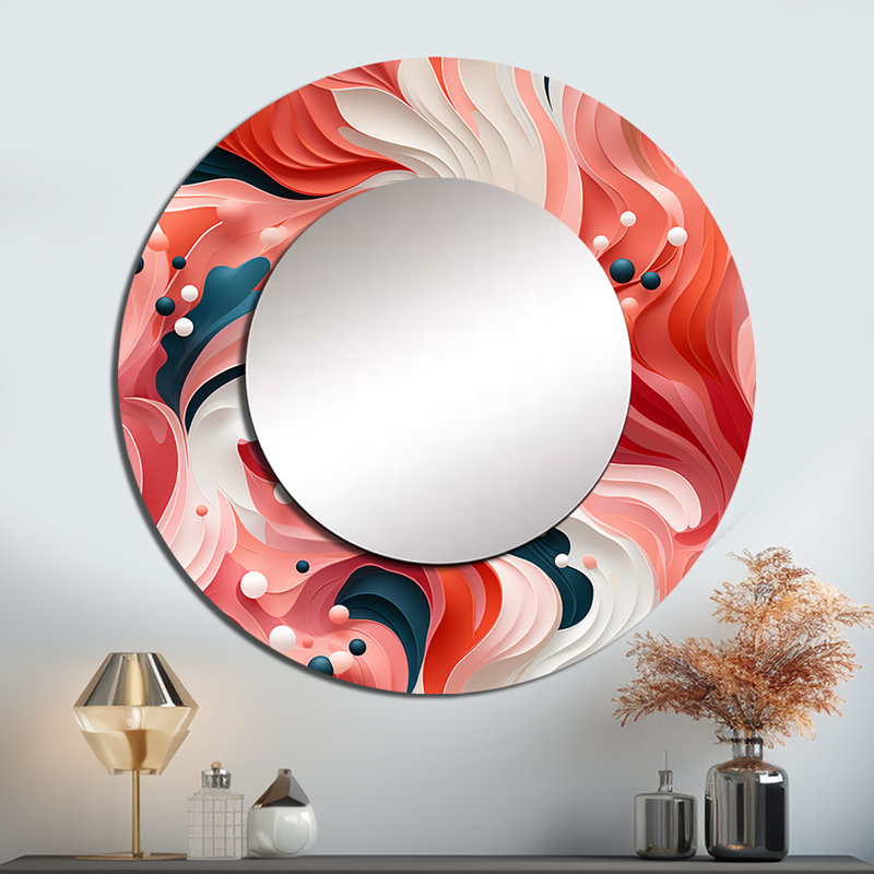 Tropical Reef Rendezvous, motif rose - grand miroir mural abstrait, miroir décoratif rond moderne, impression d'art en métal