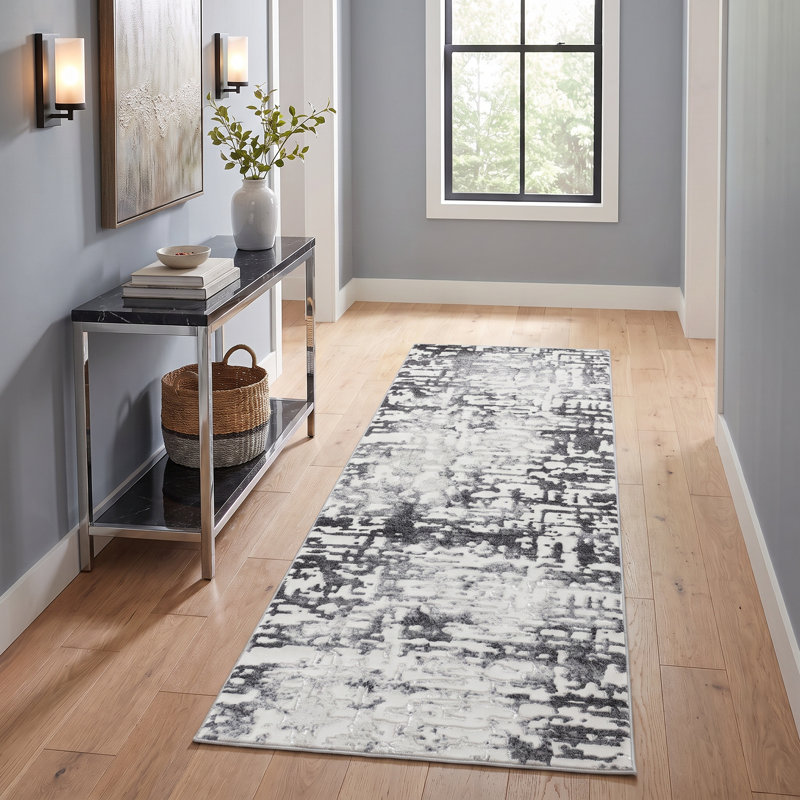 Tapis abstrait gris / crème / noir Studebaker, Tapis de couloir 2 pi 8 po x 8 pi 1 po