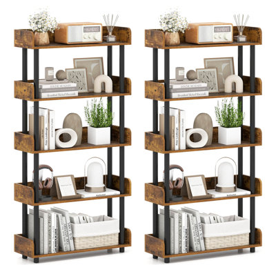2 PCS 5-Tier Bookshelf Open Bookcase with Anti-Tipping Kit Storage Unit for Bedroom Rustic Brown & Black