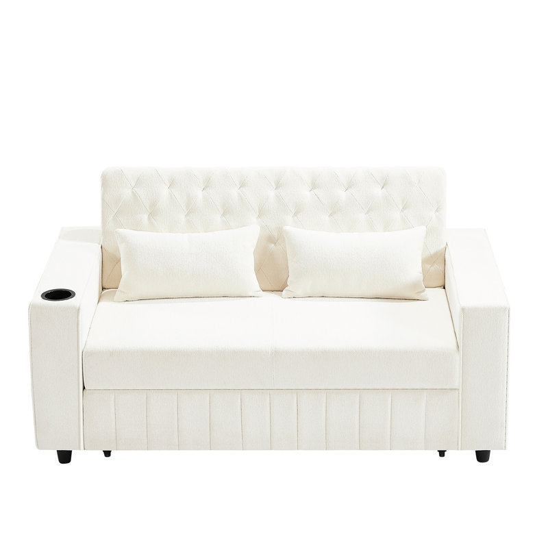 Modern Sleeper With Storage Pocket & Adjustable Back, Beige 61.4 Bed Cup Holders Foam Cushion For Living Room,, Beige