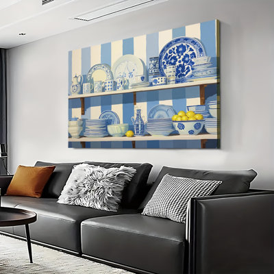 Blue Chinoiserie Ginger Jar Trendy Wall Art, Large Gallery Wrapped Canvas Wall Art Print for Living Room & Bedroom
