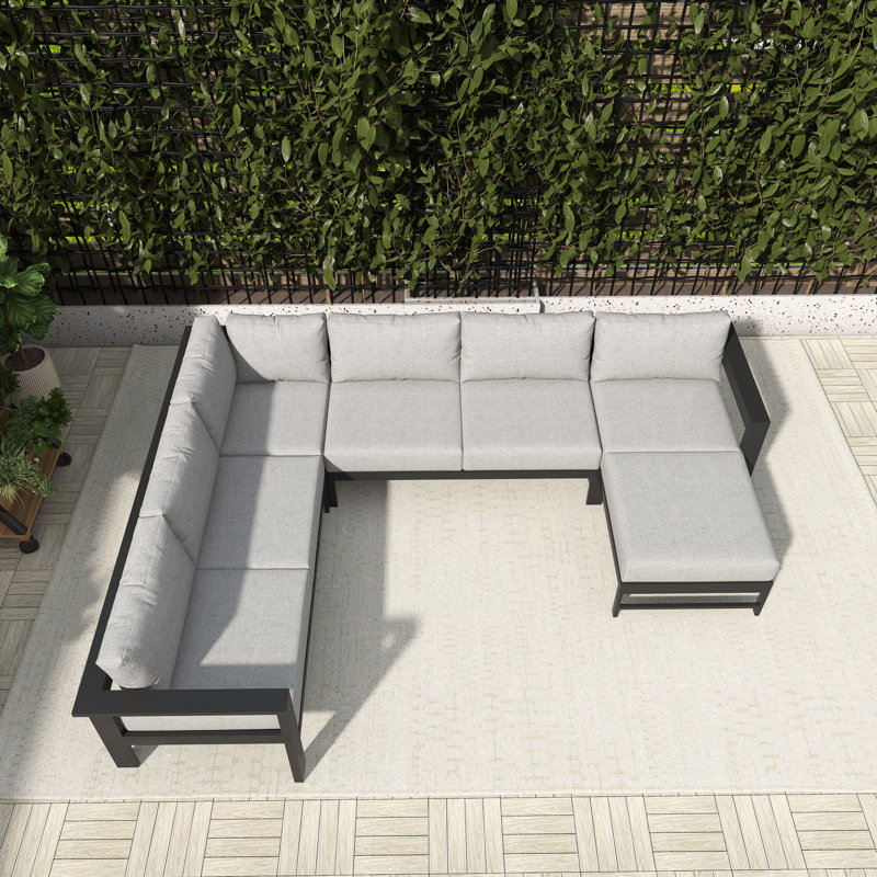 Ensemble de conversation en U pour 5 à 6 sièges, canapé modulaire de patio toutes saisons avec coussins épais et structure en fer robuste pour la cour, le jardin et la piscine