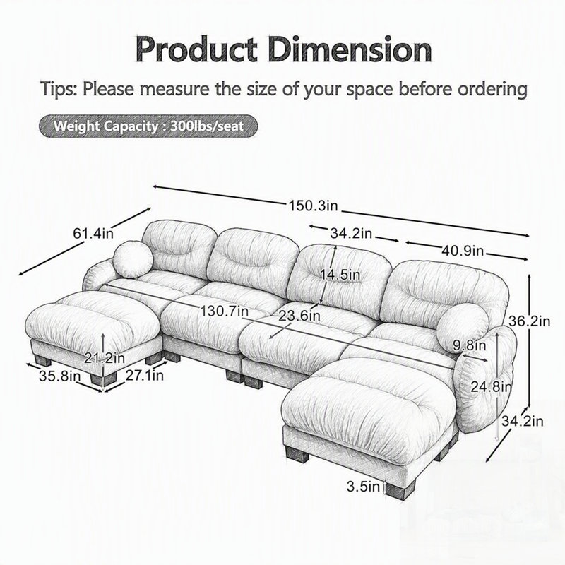 Canapé d'angle modulaire 3 places en tissu chenille confortable au design plissé, avec mousse ergonomique haute densité, 2 poufs et coussins ronds.