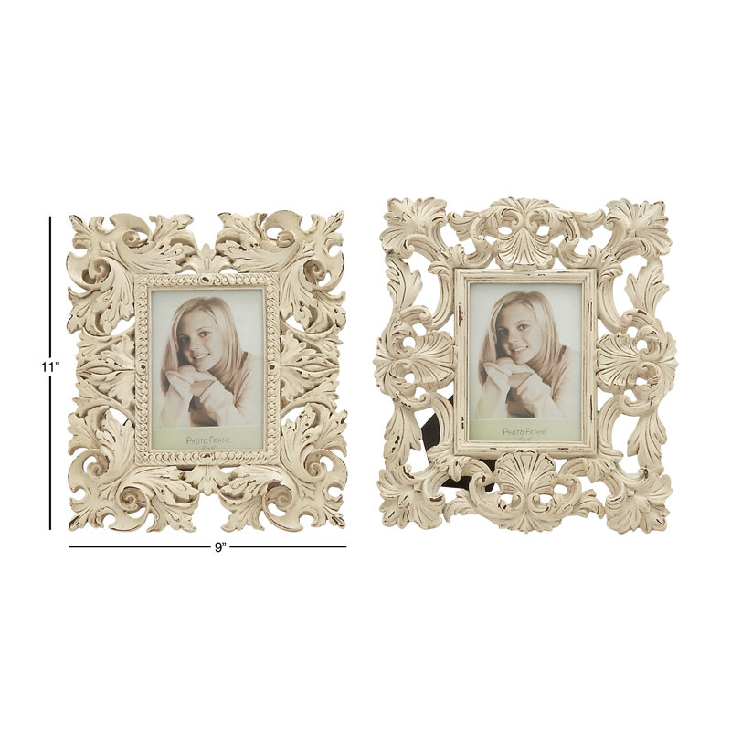 White Floral Embossed Tabletop and Wall Picture Frames Set