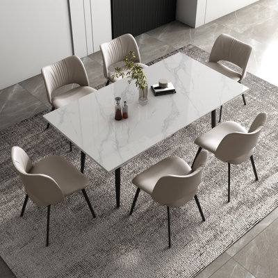 9-Piece Modern Extendable Dining Room Set, 94.5" White Marble Look Table with 8 Grey Upholstered Chairs, Tapered Metal Legs