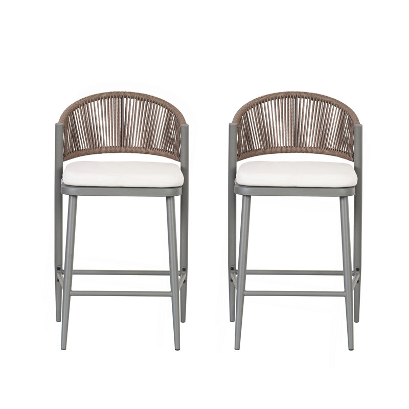 Outdoor 26" Seat Height Metal Frame Counter Stools With PE Rattan Scallop-Shaped Backrest, Set Of 2, Beige, Matte Gray