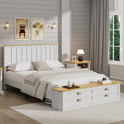 Farmhouse Queen Size Storage Platform Bed with Flip-Top Storage Bench Headboard, Rustic Wood Bed Frame with Drawers & No Box Spring Needed