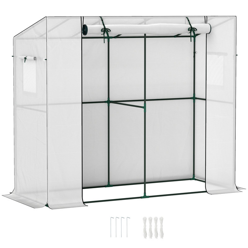 6.6' x 2.5' x 5.6' Lean-to Small Greenhouse for Outdoors, Portable Greenhouse with UV-resistant PE Cover, Walk-in Green House with Roll-up Door and Mesh Windows